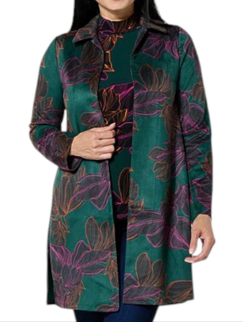Womebs Teal Floral Print Long Jacket . Size XLP. New Without Tags.